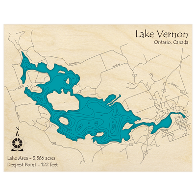 Bathymetric topo map of Lake Vernon with roads, towns and depths noted in blue water