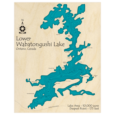 Bathymetric topo map of Lower Wabatongushi Lake with roads, towns and depths noted in blue water