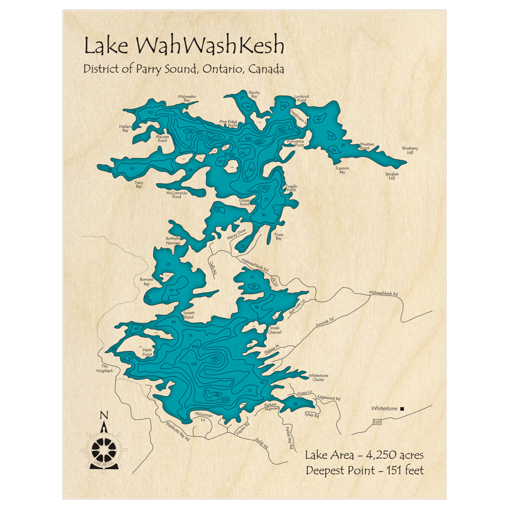 Bathymetric topo map of Lake Wahwashkesh with roads, towns and depths noted in blue water