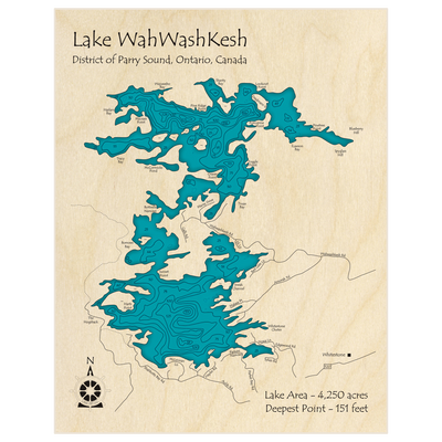 Bathymetric topo map of Lake Wahwashkesh with roads, towns and depths noted in blue water