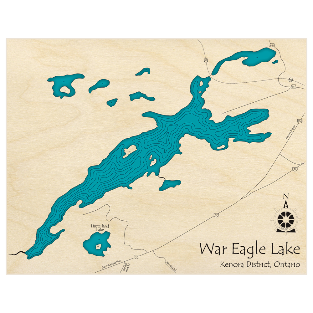 Bathymetric topo map of War Eagle Lake  with roads, towns and depths noted in blue water