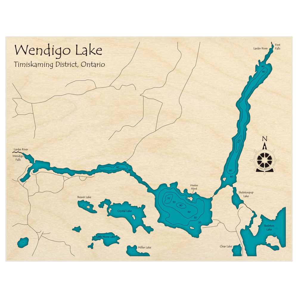 Bathymetric topo map of Wendigo Lake with roads, towns and depths noted in blue water