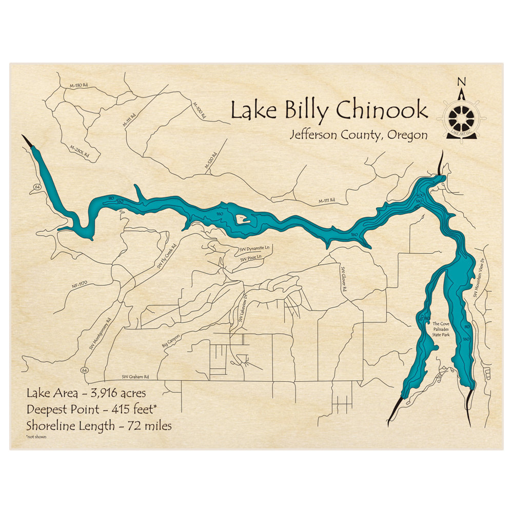 Bathymetric topo map of Lake Billy Chinook with roads, towns and depths noted in blue water