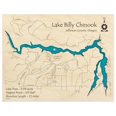 Bathymetric topo map of Lake Billy Chinook with roads, towns and depths noted in blue water