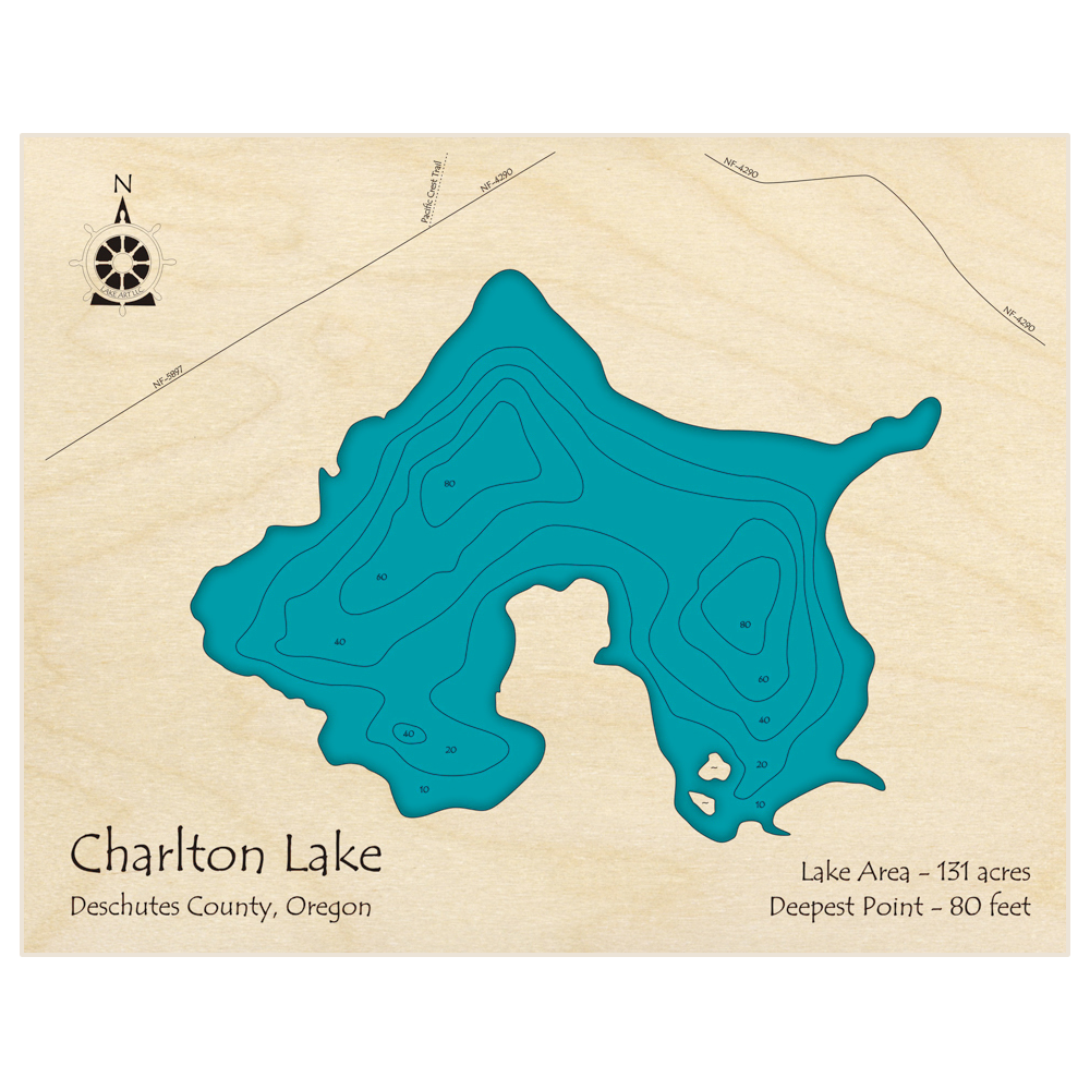 Bathymetric topo map of Charlton Lake with roads, towns and depths noted in blue water