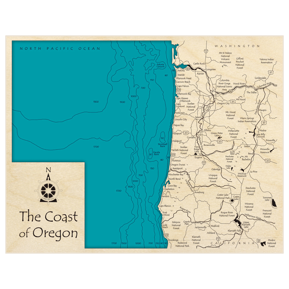 Bathymetric topo map of Coast of Oregon with roads, towns and depths noted in blue water