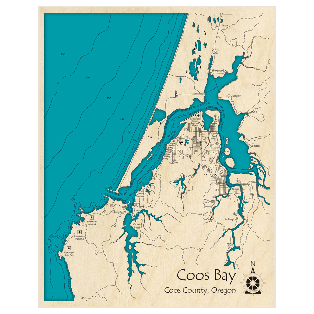 Bathymetric topo map of Coos Bay with roads, towns and depths noted in blue water