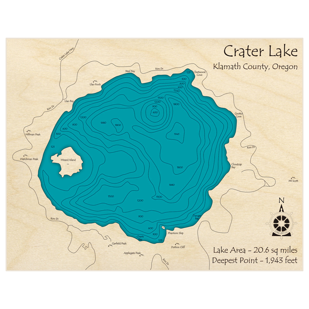 Bathymetric topo map of Crater Lake with roads, towns and depths noted in blue water