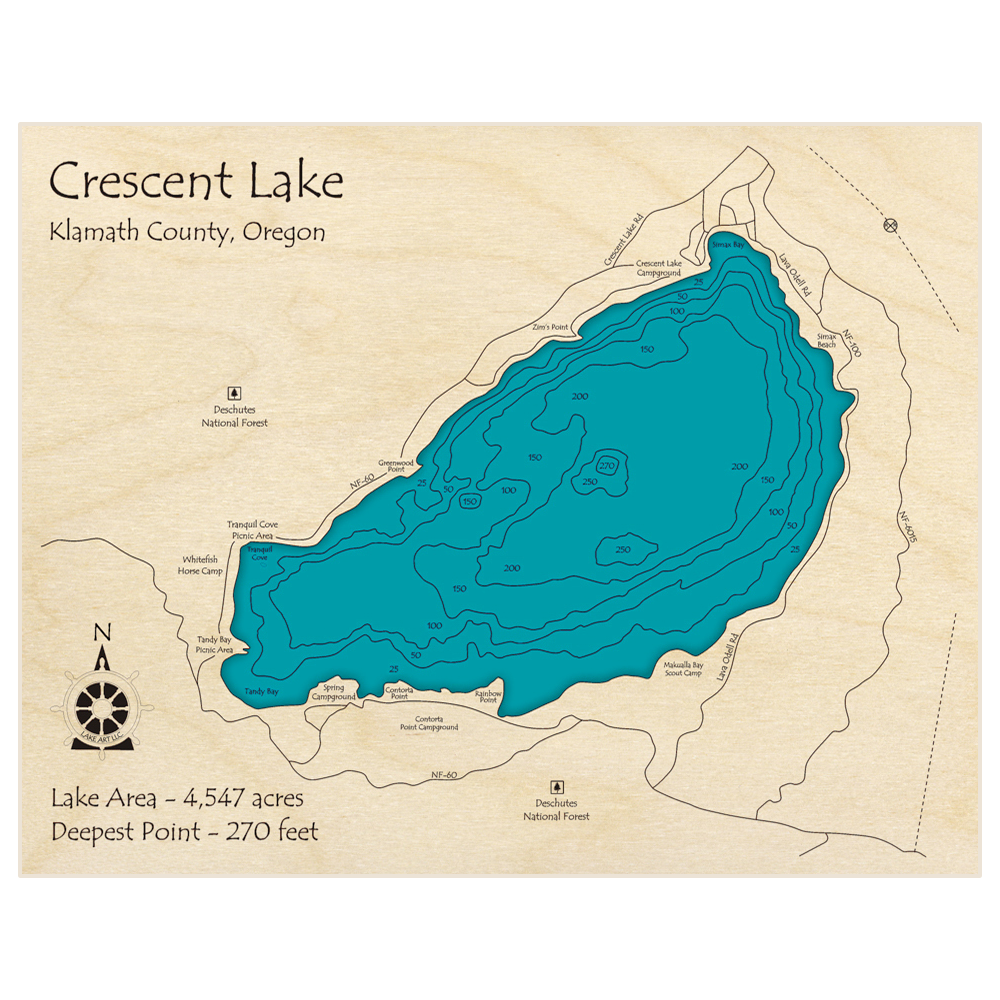 Bathymetric topo map of Crescent Lake with roads, towns and depths noted in blue water