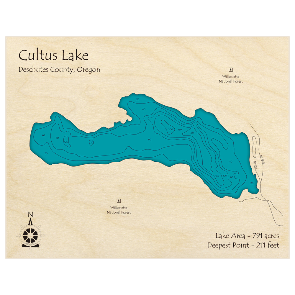 Bathymetric topo map of Cultus Lake with roads, towns and depths noted in blue water