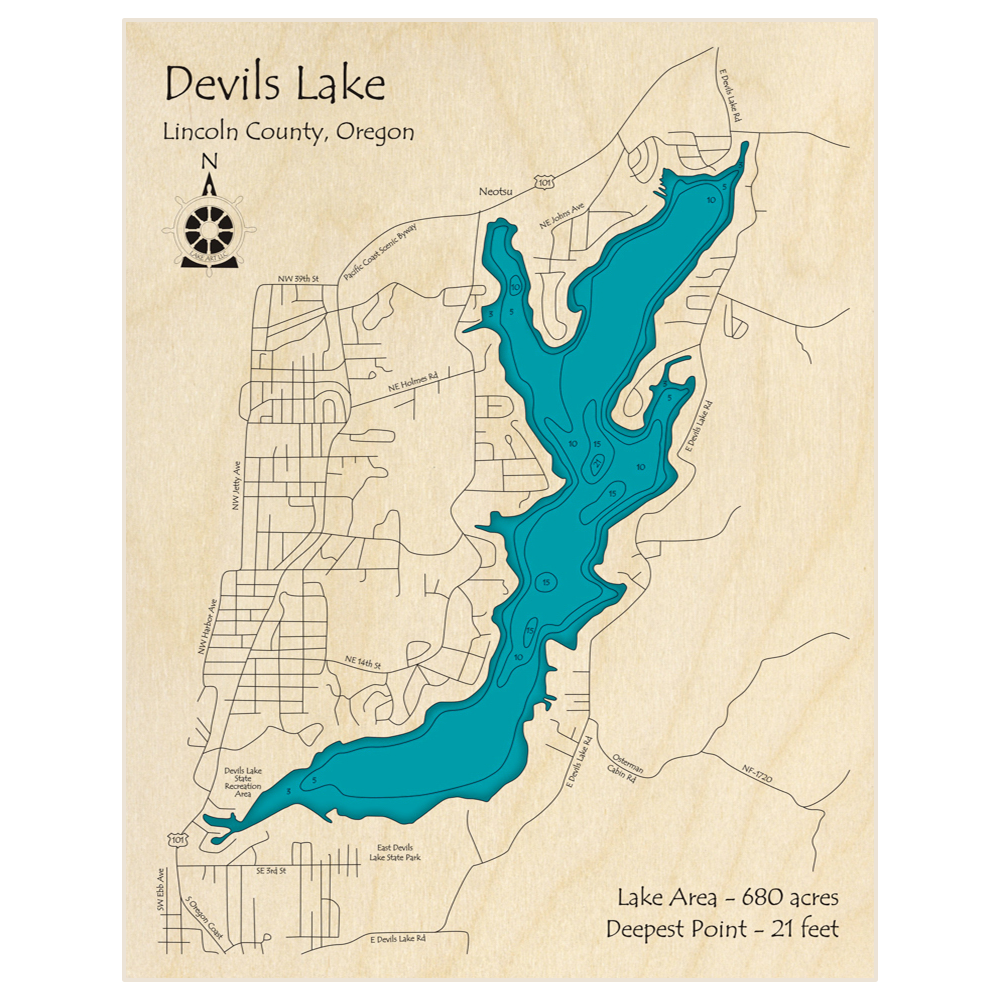 Bathymetric topo map of Devils Lake  with roads, towns and depths noted in blue water