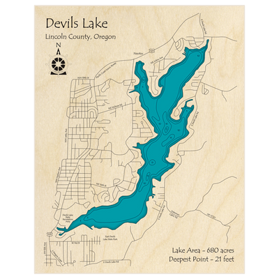 Bathymetric topo map of Devils Lake  with roads, towns and depths noted in blue water