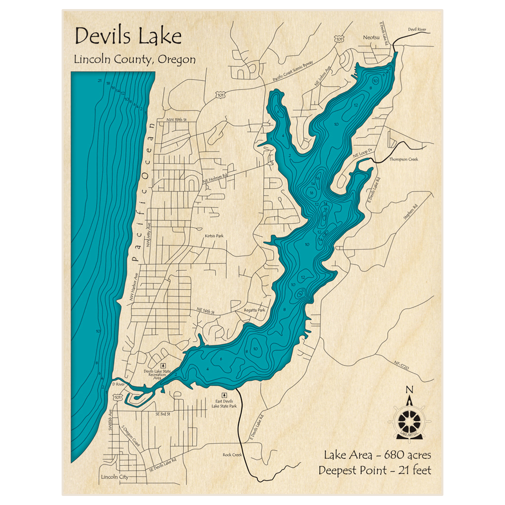 Bathymetric topo map of Devils Lake (with ocean coast shown) with roads, towns and depths noted in blue water