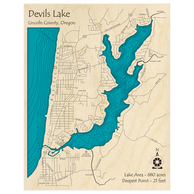 Bathymetric topo map of Devils Lake (with ocean coast shown) with roads, towns and depths noted in blue water