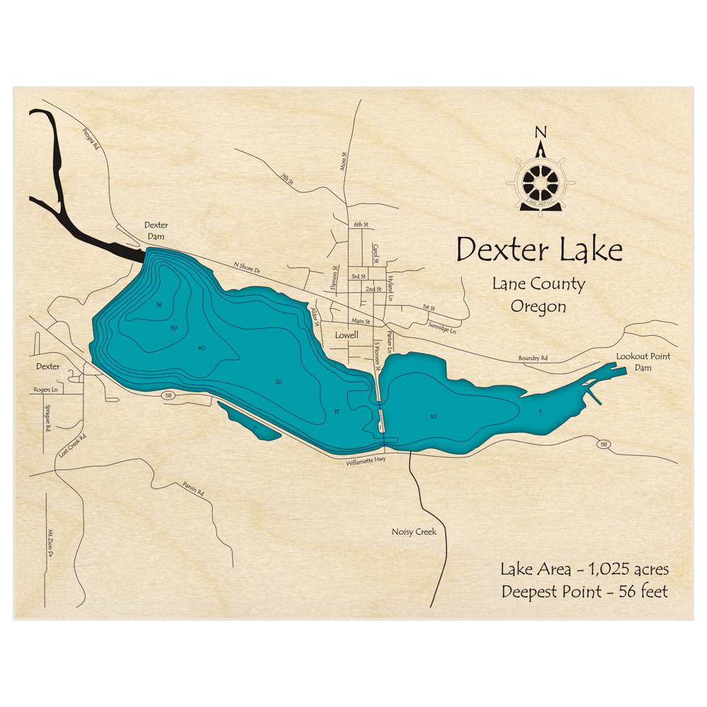 Bathymetric topo map of Dexter Lake with roads, towns and depths noted in blue water