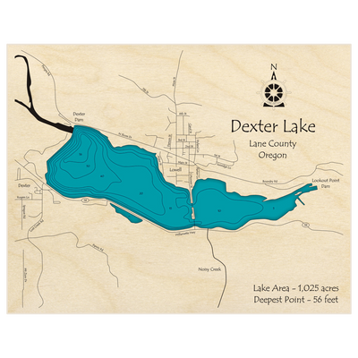 Bathymetric topo map of Dexter Lake with roads, towns and depths noted in blue water