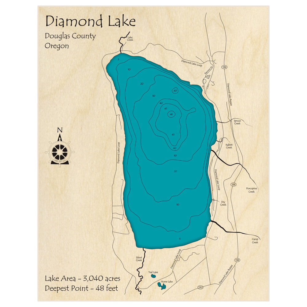 Bathymetric topo map of Diamond Lake with roads, towns and depths noted in blue water