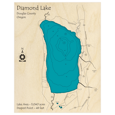 Bathymetric topo map of Diamond Lake with roads, towns and depths noted in blue water