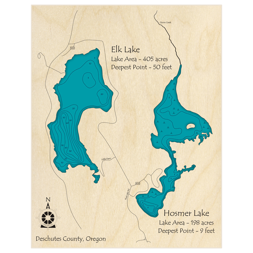 Bathymetric topo map of Hosmer Lake and Elk Lake with roads, towns and depths noted in blue water