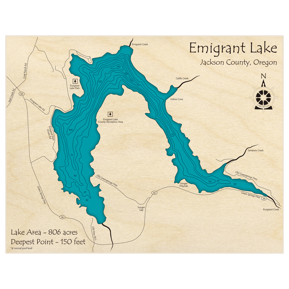 Bathymetric topo map of Emigrant Lake with roads, towns and depths noted in blue water