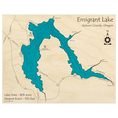 Bathymetric topo map of Emigrant Lake with roads, towns and depths noted in blue water