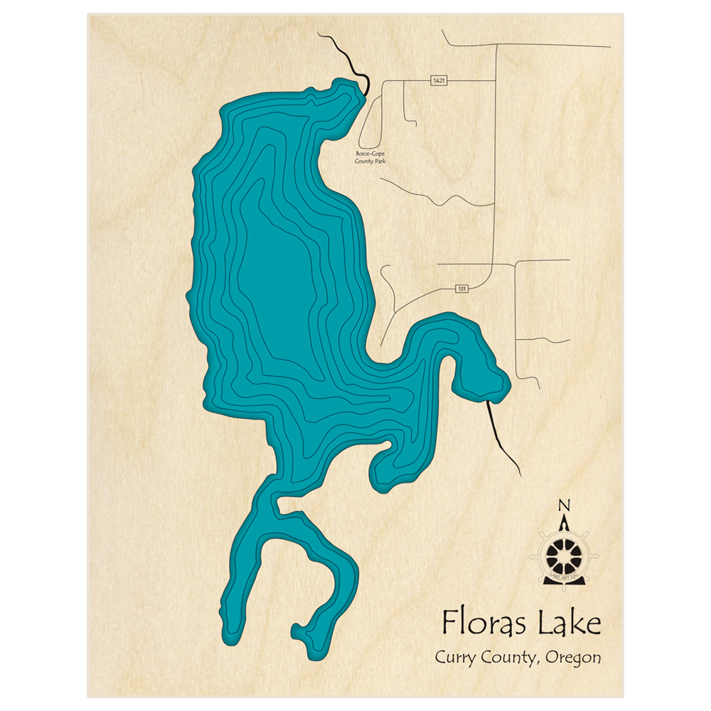 Bathymetric topo map of Floras Lake  with roads, towns and depths noted in blue water