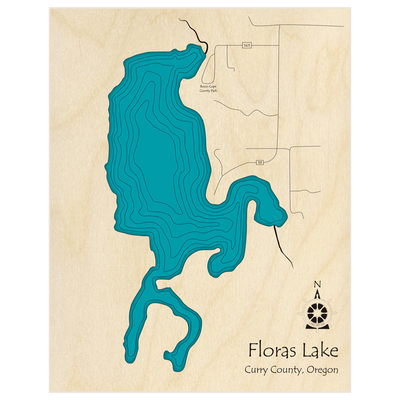 Bathymetric topo map of Floras Lake  with roads, towns and depths noted in blue water