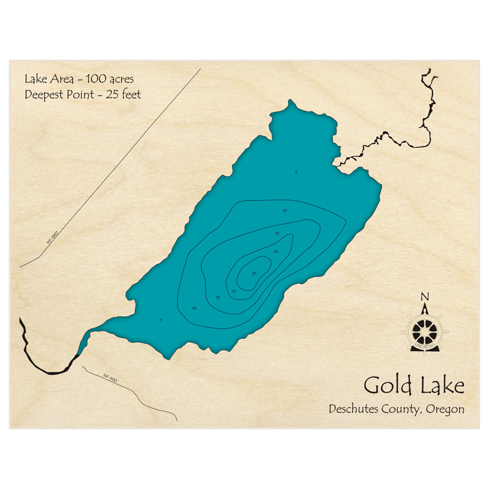 Bathymetric topo map of Gold Lake with roads, towns and depths noted in blue water