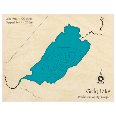 Bathymetric topo map of Gold Lake with roads, towns and depths noted in blue water