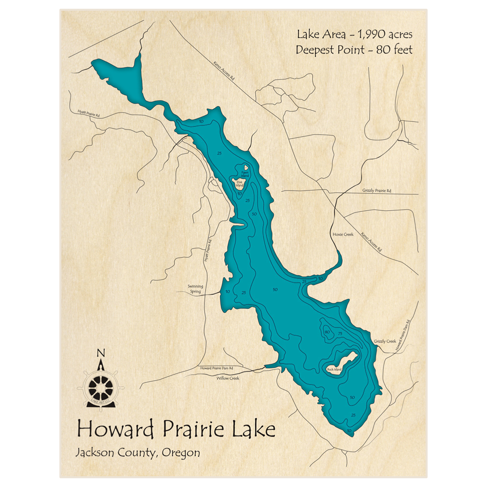 Bathymetric topo map of Howard Prairie Lake with roads, towns and depths noted in blue water