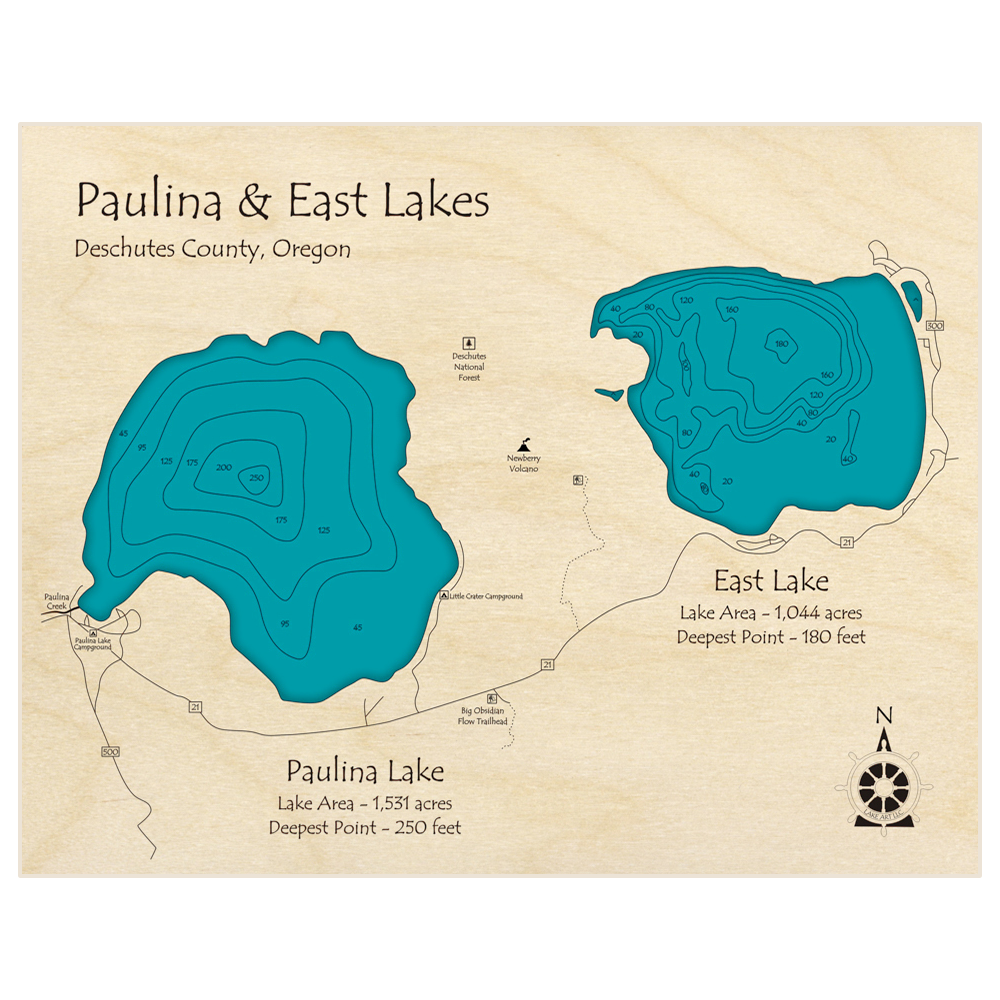 Bathymetric topo map of Paulina and East Lakes with roads, towns and depths noted in blue water