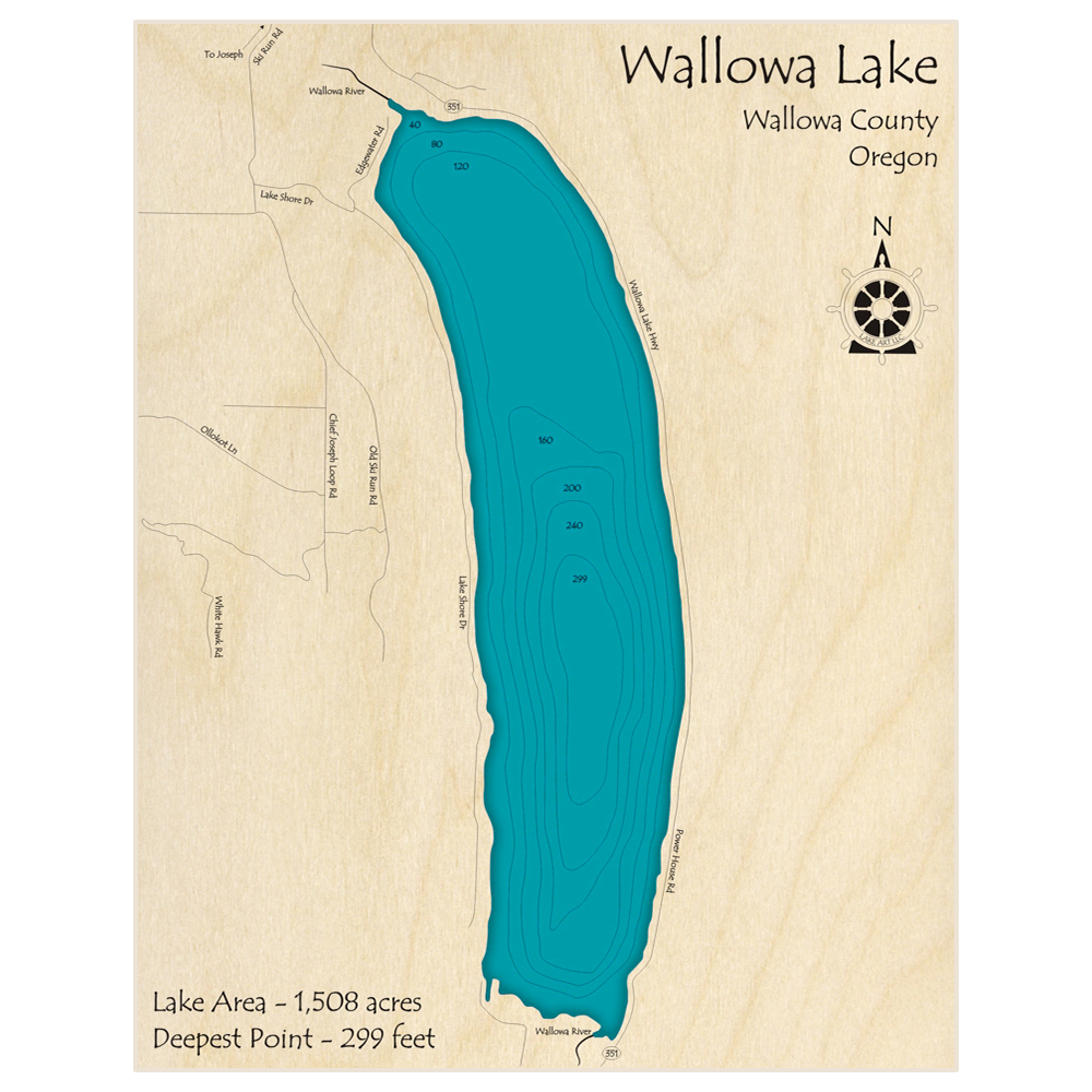 Bathymetric topo map of Wallowa Lake with roads, towns and depths noted in blue water