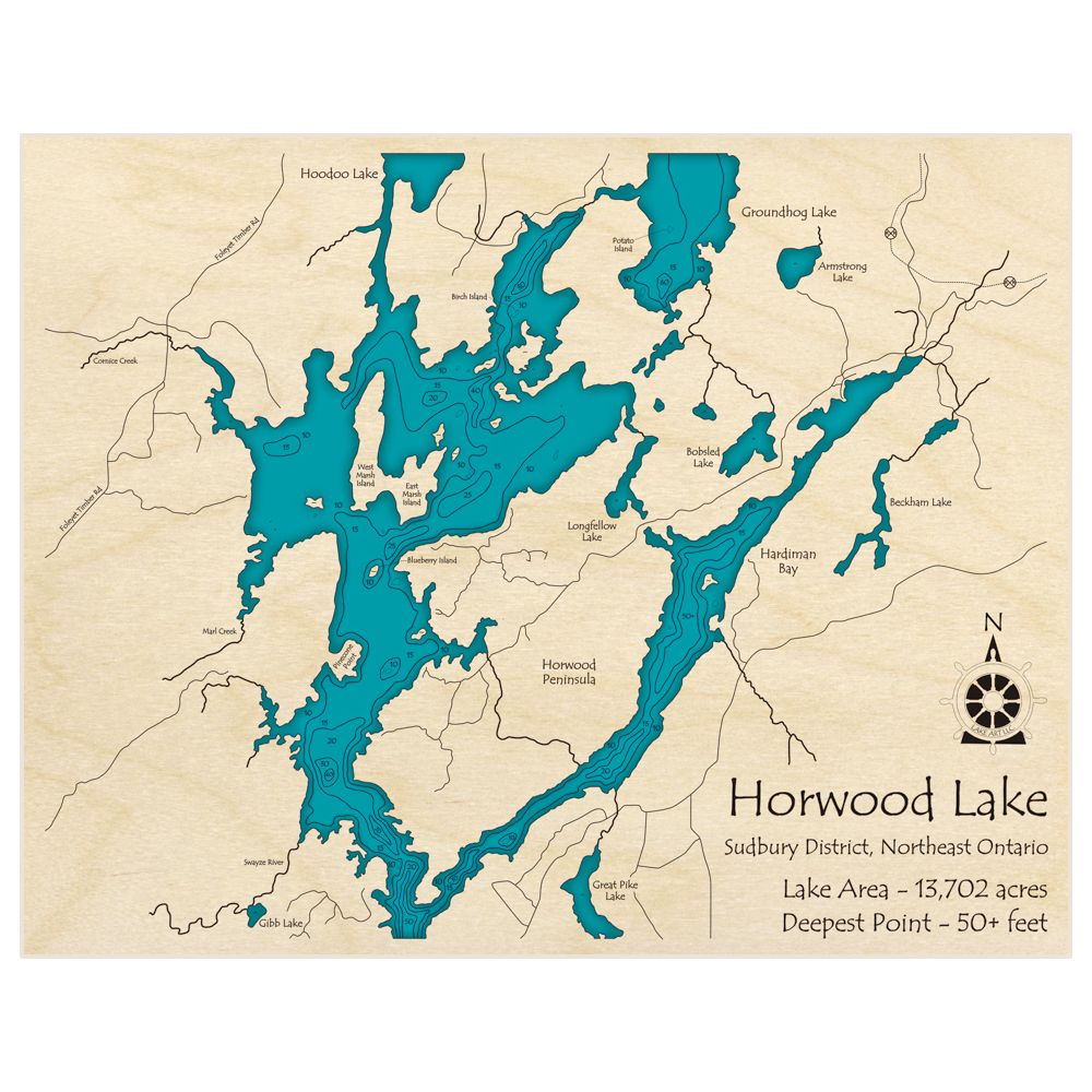 Bathymetric topo map of Horwood Lake with roads, towns and depths noted in blue water