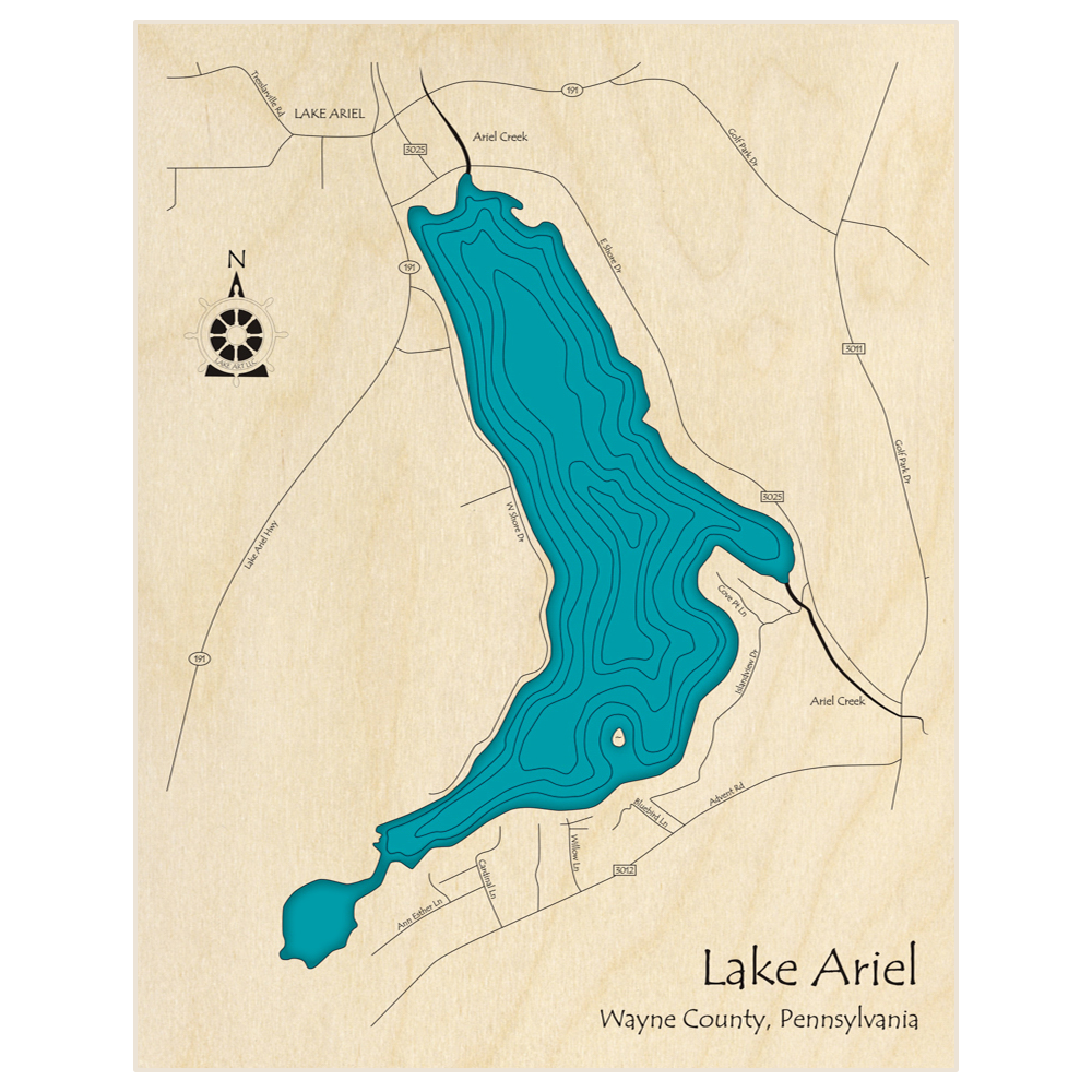 Bathymetric topo map of Lake Ariel  with roads, towns and depths noted in blue water