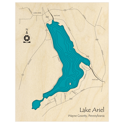 Bathymetric topo map of Lake Ariel  with roads, towns and depths noted in blue water