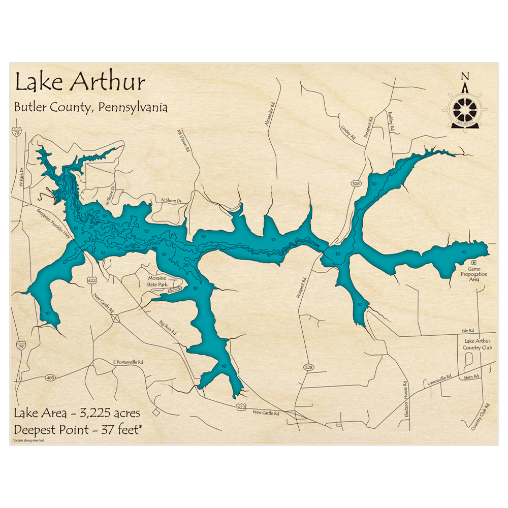 Bathymetric topo map of Lake Arthur with roads, towns and depths noted in blue water