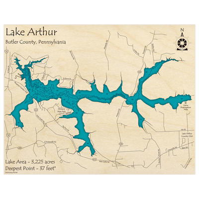 Bathymetric topo map of Lake Arthur with roads, towns and depths noted in blue water