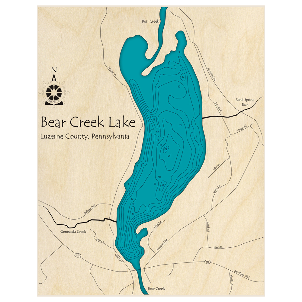 Bathymetric topo map of Bear Creek Lake with roads, towns and depths noted in blue water