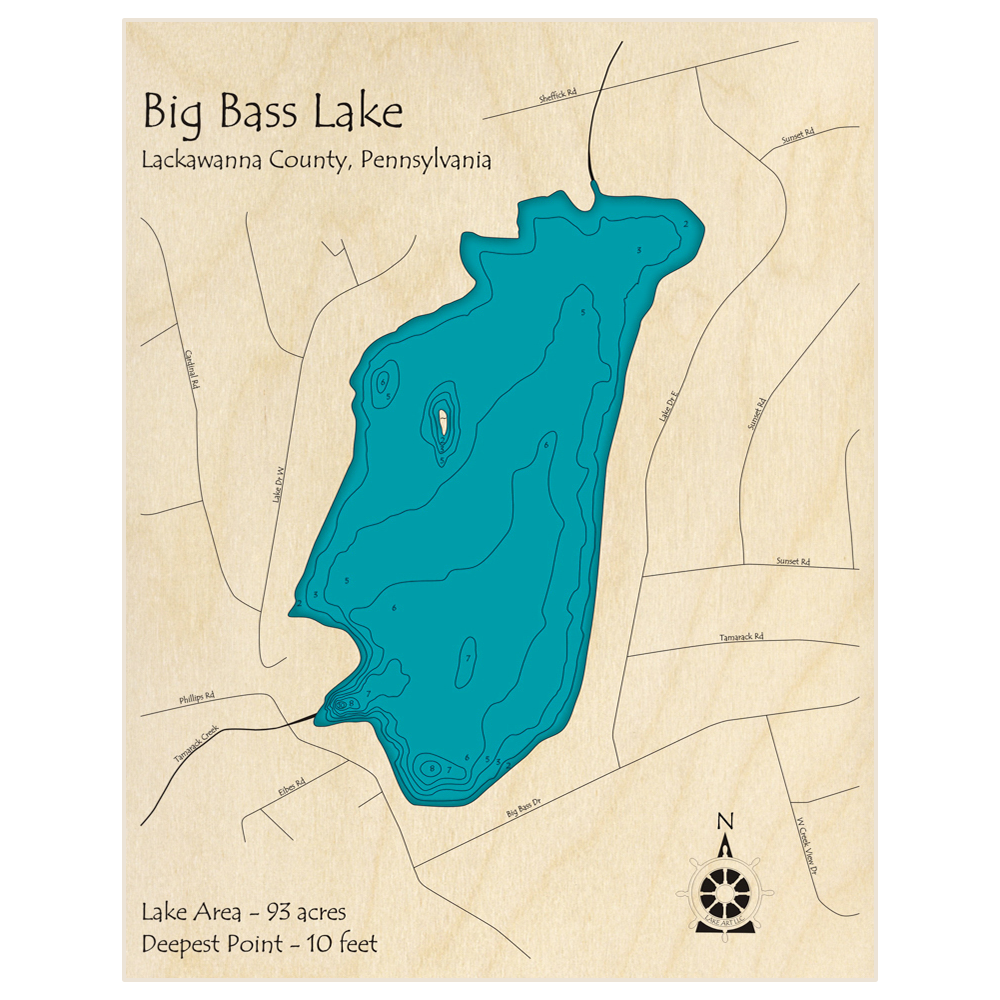 Bathymetric topo map of Big Bass Lake with roads, towns and depths noted in blue water