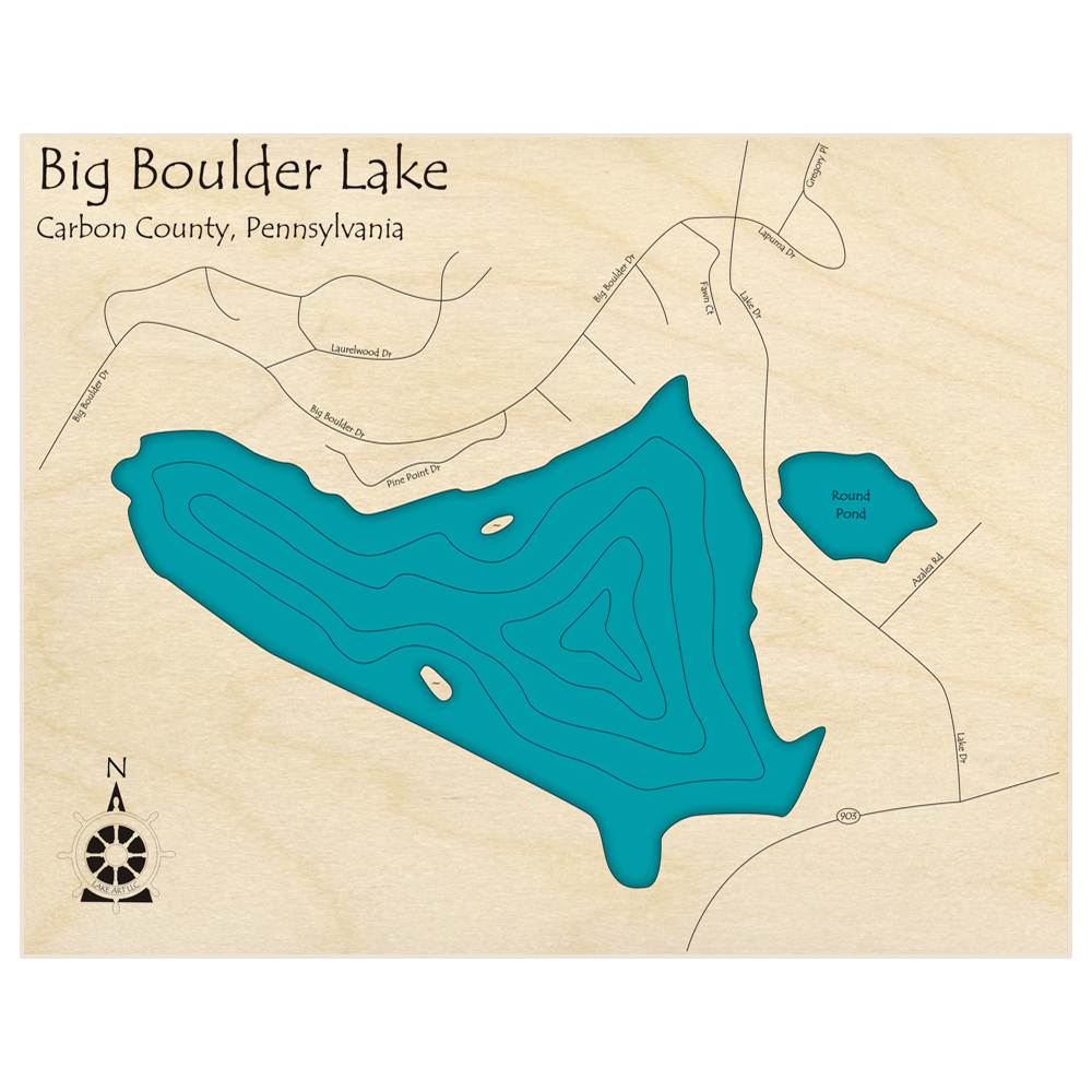 Bathymetric topo map of Big Boulder Lake  with roads, towns and depths noted in blue water