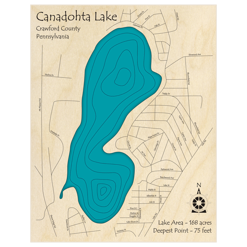 Bathymetric topo map of Lake Canadohta  with roads, towns and depths noted in blue water