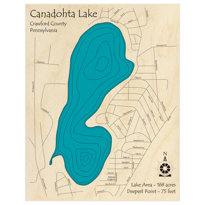 Bathymetric topo map of Lake Canadohta  with roads, towns and depths noted in blue water