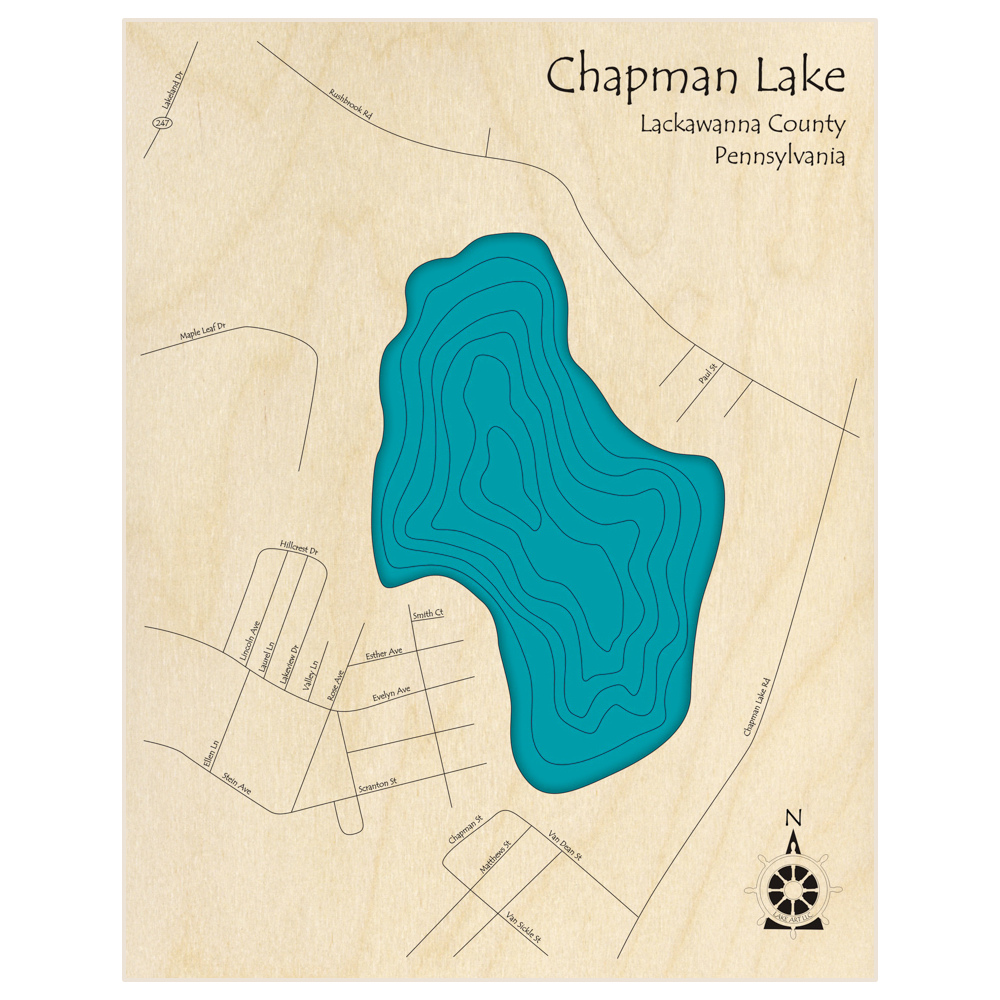 Bathymetric topo map of Chapman Lake  with roads, towns and depths noted in blue water