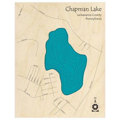 Bathymetric topo map of Chapman Lake  with roads, towns and depths noted in blue water