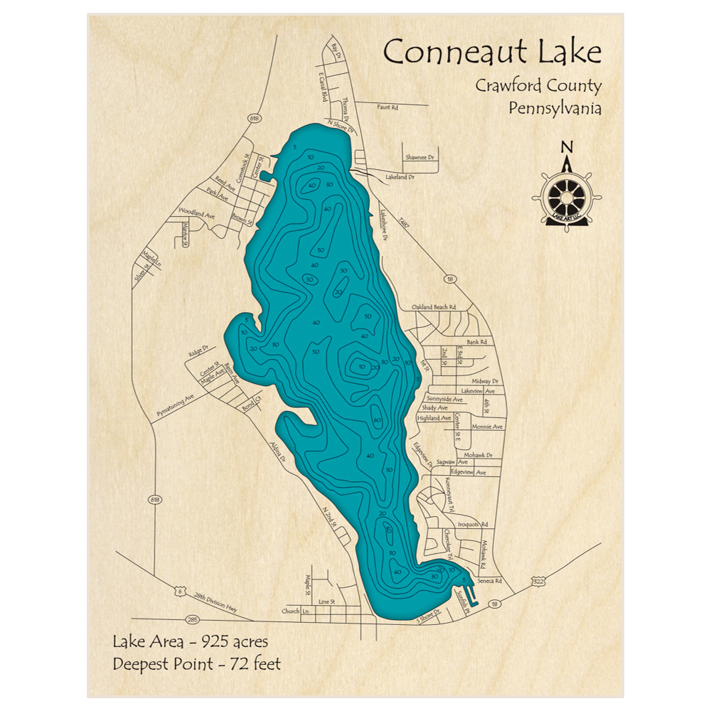 Bathymetric topo map of Conneaut Lake with roads, towns and depths noted in blue water