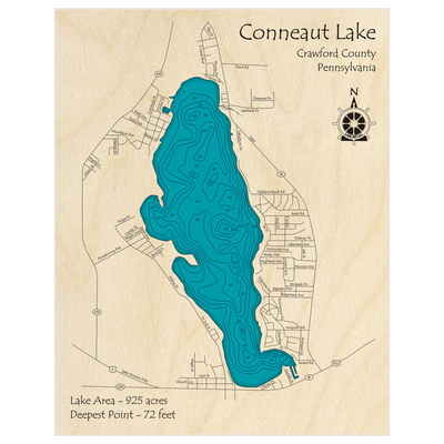 Bathymetric topo map of Conneaut Lake with roads, towns and depths noted in blue water