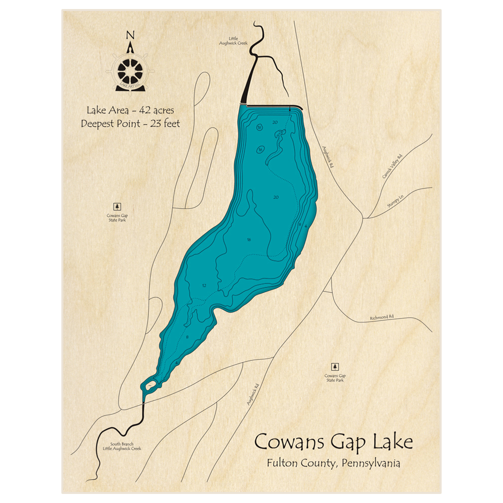 Bathymetric topo map of Cowans Gap with roads, towns and depths noted in blue water