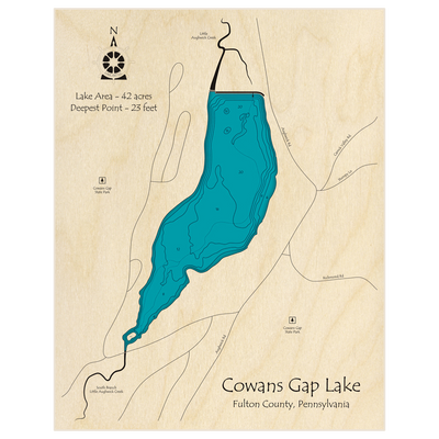 Bathymetric topo map of Cowans Gap with roads, towns and depths noted in blue water