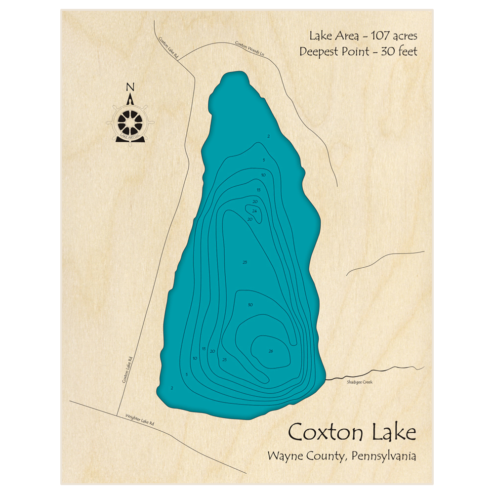 Bathymetric topo map of Coxton Lake  with roads, towns and depths noted in blue water