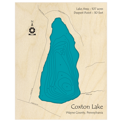 Bathymetric topo map of Coxton Lake  with roads, towns and depths noted in blue water